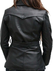 Stylish Women's Black Color Leather Coat/ Jacket, Black Leather Belt Coat For Ladies - theleathersouq