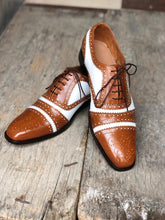 Load image into Gallery viewer, Handmade Men’s Leather Lace Up Shoes, Men’s Brown &amp; White Brogue Stylish Shoes - theleathersouq