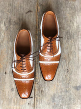 Load image into Gallery viewer, Handmade Men&#39;s Two Tone White Brown Cap Toe Brogue Leather Lace Up Shoes, Men Designer Dress Formal Luxury Shoes - theleathersouq