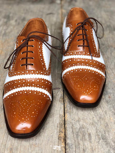 Handmade Men's Two Tone White Brown Cap Toe Brogue Leather Lace Up Shoes, Men Designer Dress Formal Luxury Shoes - theleathersouq