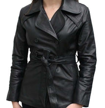 Load image into Gallery viewer, Stylish Women&#39;s Black Color Leather Coat/ Jacket, Black Leather Belt Coat For Ladies - theleathersouq