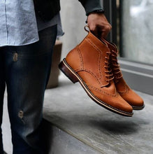 Load image into Gallery viewer, Stylish Men&#39;s Handmade Tan Color Ankle High Leather Lace Up Boots - theleathersouq