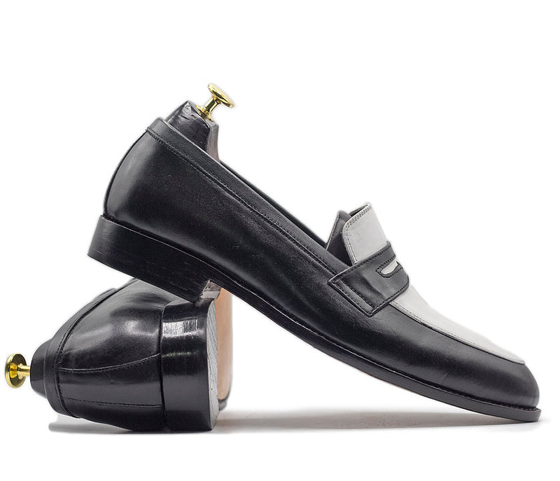 Elegant Men's Handmade Black & White Leather Round Toe Loafers, Men Dress Formal Party Loafers
