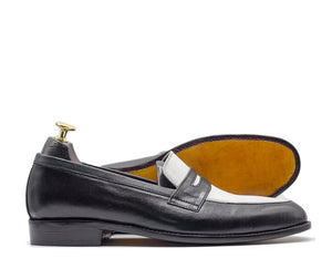 Elegant Men's Handmade Black & White Leather Round Toe Loafers, Men Dress Formal Party Loafers