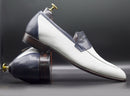 Elegant Handmade Men's Black & White Leather Round Toe Loafers, Men Dress Formal Party Loafers