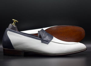 Elegant Handmade Men's Black & White Leather Round Toe Loafers, Men Dress Formal Party Loafers