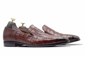 Awesome Handmade Men's Burgundy Alligator Textured Leather Loafers, Men Dress Formal Party Loafers