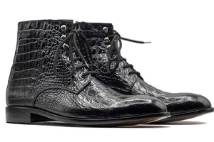 Awesome Handmade Men's Black Alligator Textured Leather Boots, Men Fashion Lace Up Ankle Boots