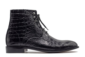 Awesome Handmade Men's Black Alligator Textured Leather Boots, Men Fashion Lace Up Ankle Boots