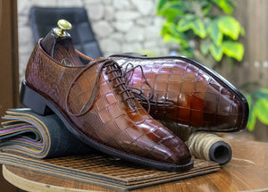 Awesome Handmade Men's Brown Alligator Textured Leather Shoes, Men Dress Formal Lace Up Shoes