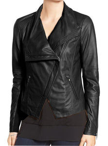 Stylish Women's Black Wide Collar Leather Jacket,Fashion Zipper Women Leather Jacket - theleathersouq