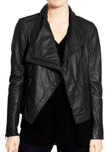 Load image into Gallery viewer, Stylish Women&#39;s Black Wide Collar Leather Jacket,Fashion Zipper Women Leather Jacket - theleathersouq