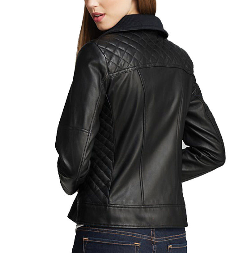 Elegant Women's Stand Collar Soft Lambskin Leather Biker Stylish Jacket - theleathersouq