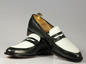New Handmade Men's Black White Leather Penny Loafer Dress Shoes, Men Designer Shoes - theleathersouq