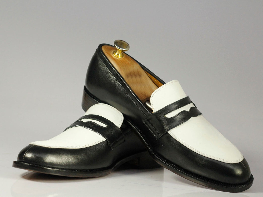 minimum Brobrygge Svinde bort New Handmade Men's Black White Leather Penny Loafer Dress Shoes, Men D –  theleathersouq