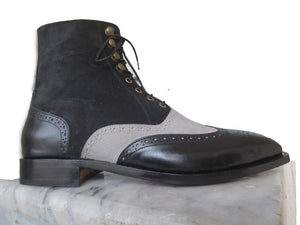 Handmade Men's Leather Suede Ankle Boots, Men's Black & Gray Lace Up Boots - theleathersouq