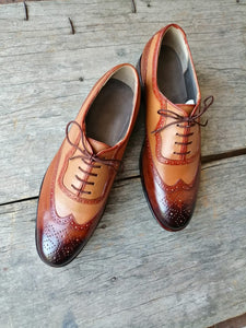 Handmade Men's Two Tone Brown Wing Tip Brogue Leather Lace Up Shoes, Men Designer Dress Formal Luxury Shoes - theleathersouq