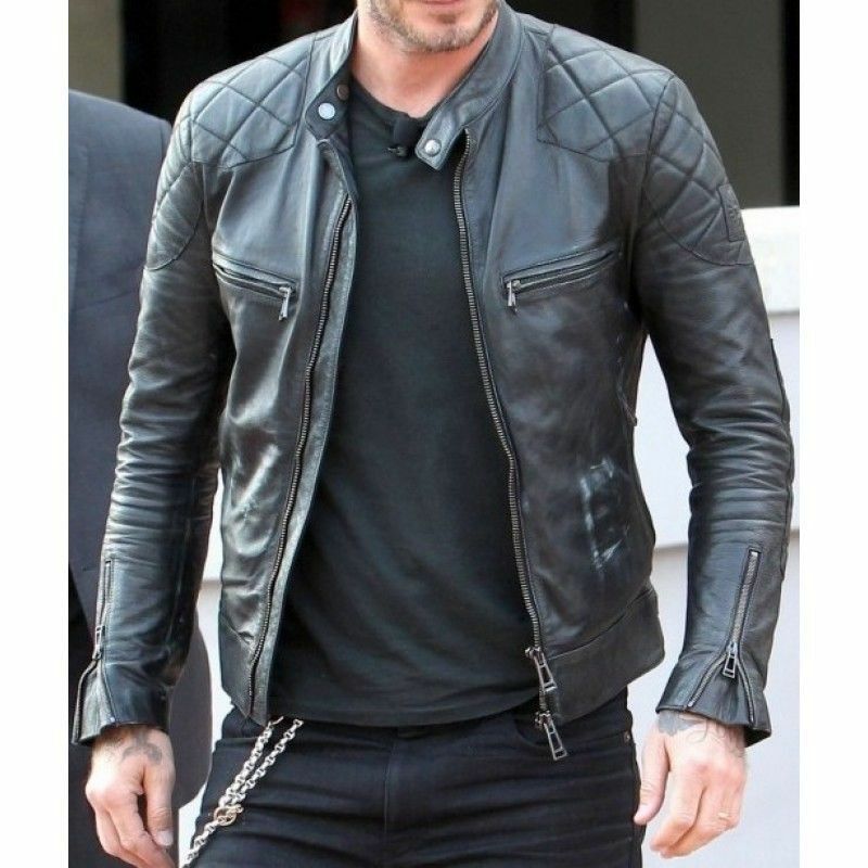 New Men's Genuine Lambskin Black Leather Biker Jacket Inspired by David Beckham - theleathersouq