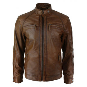 New Men’s Retro Style Zipped Biker Jacket, Real Leather Soft Brown Cas ...