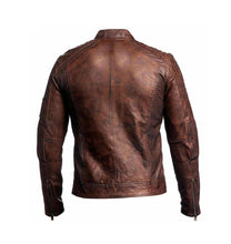 Load image into Gallery viewer, Beautiful Men&#39;s Biker Vintage Ribbed Motorcycle Distressed Brown Cafe Racer Leather Jacket - theleathersouq