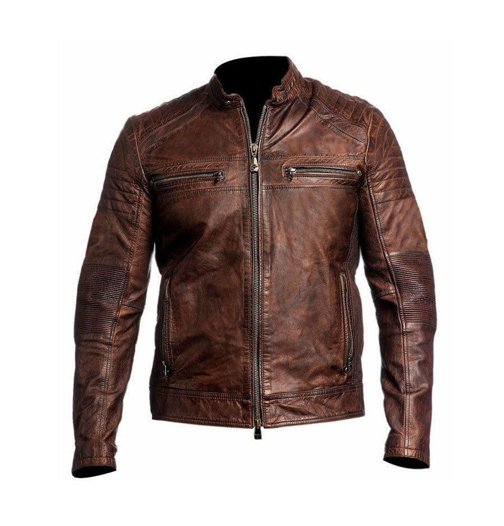 Beautiful Men's Biker Vintage Ribbed Motorcycle Distressed Brown Cafe Racer Leather Jacket - theleathersouq