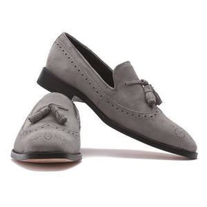 Men's Handmade Original Grey Suede Leather Moccasins, Men Tassel Slip On Shoes - theleathersouq