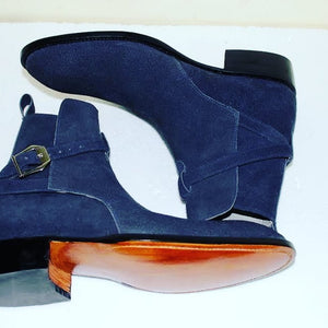 Stylish Handmade Navy blue Suede jodhpurs boots for men, Men's Navy blue ankle suede boots - theleathersouq