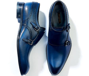 Men's Blue Color Monk Double Buckle Strap Plain Rounded Toe Genuine Leather Shoes - theleathersouq