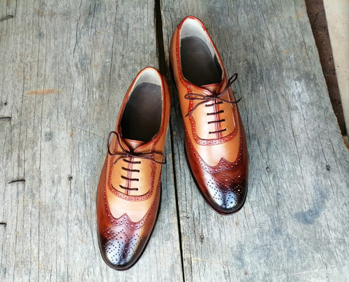 Handmade Men's Two Tone Brown Wing Tip Brogue Leather Lace Up Shoes, Men Designer Dress Formal Luxury Shoes - theleathersouq