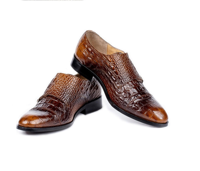 Awesome Handmade Men's Brown Alligator Textured Leather Shoes, Men Double Monk Dress Formal Shoes