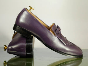 Handmade Men's Purple Fringes Tussles Leather Loafer Shoes, Men Designer Shoes - theleathersouq