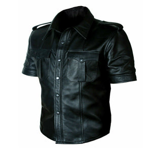 New Men's Real genuine Leather Police Uniform Shirt Sexy Short Sleeve Leather Shirt - theleathersouq