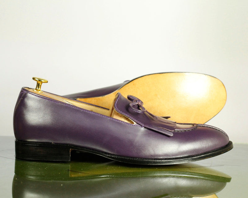 Handmade Men's Purple Fringes Tussles Leather Loafer Shoes, Men Designer Shoes - theleathersouq