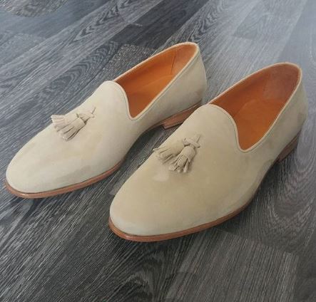 Elegant Handmade Men Beige Suede Dress Tassel Moccasins Slip On Shoes, Men Suede Loafer Shoes - theleathersouq
