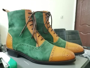 Designer Men's Handmade Green & Tan Ankle High Leather & Suede Lace Up Boots - theleathersouq