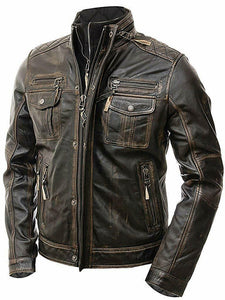 New Men's Vintage Cafe Racer Distressed Retro Biker Genuine Leather Jacket - theleathersouq