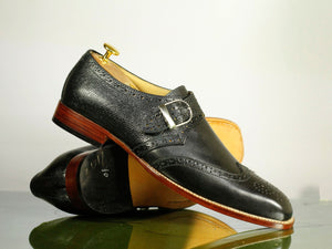 Handmade Men's Black Wing Tip Brogue Leather Monk Strap Shoes, Men Designer Dress Formal Shoes - theleathersouq