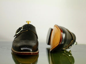 Handmade Men's Black Wing Tip Brogue Leather Monk Strap Shoes, Men Designer Dress Formal Shoes - theleathersouq