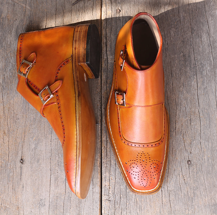 Men's Handmade Tan Double Buckle Leather Brogue Toe Ankle Boots - theleathersouq