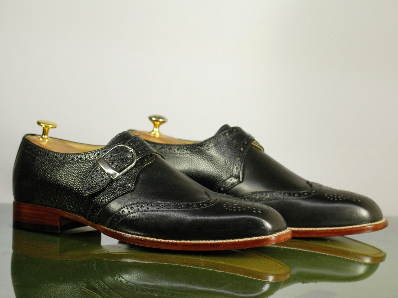 Handmade Men's Black Wing Tip Brogue Leather Monk Strap Shoes, Men Des ...