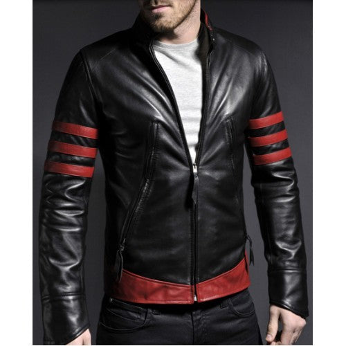 X-Men Origins Wolverine Red Black Leather Jacket, Men's Leather Jacket - theleathersouq