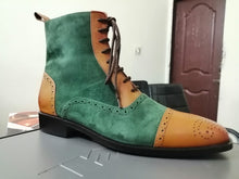 Load image into Gallery viewer, Designer Men&#39;s Handmade Green &amp; Tan Ankle High Leather &amp; Suede Lace Up Boots - theleathersouq