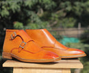 Men's Handmade Tan Double Buckle Leather Brogue Toe Ankle Boots - theleathersouq