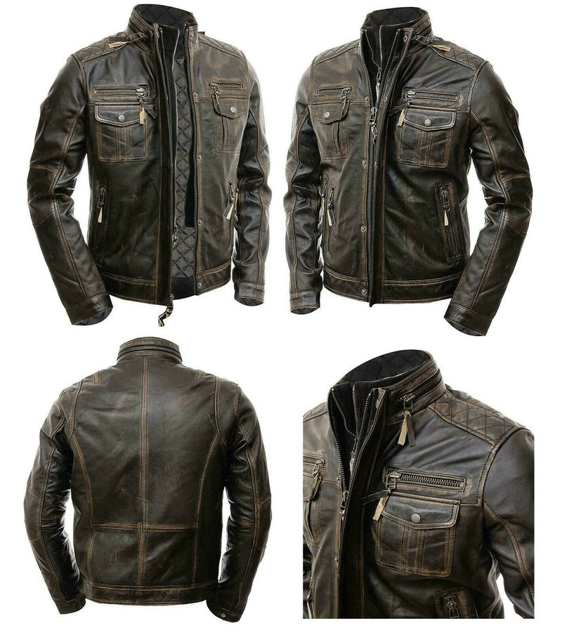New Men's Vintage Cafe Racer Distressed Retro Biker Genuine Leather Jacket - theleathersouq