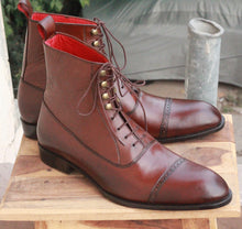 Load image into Gallery viewer, Handmade Men&#39;s Brown Leather Cap Toe Lace Up Boots, Men Ankle Boots, Men Fashion Boots