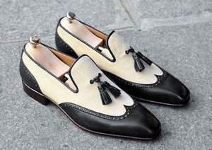 Handmade Men's fashion wingtip two tone leather shoes, Men's beige and Black shoes - theleathersouq