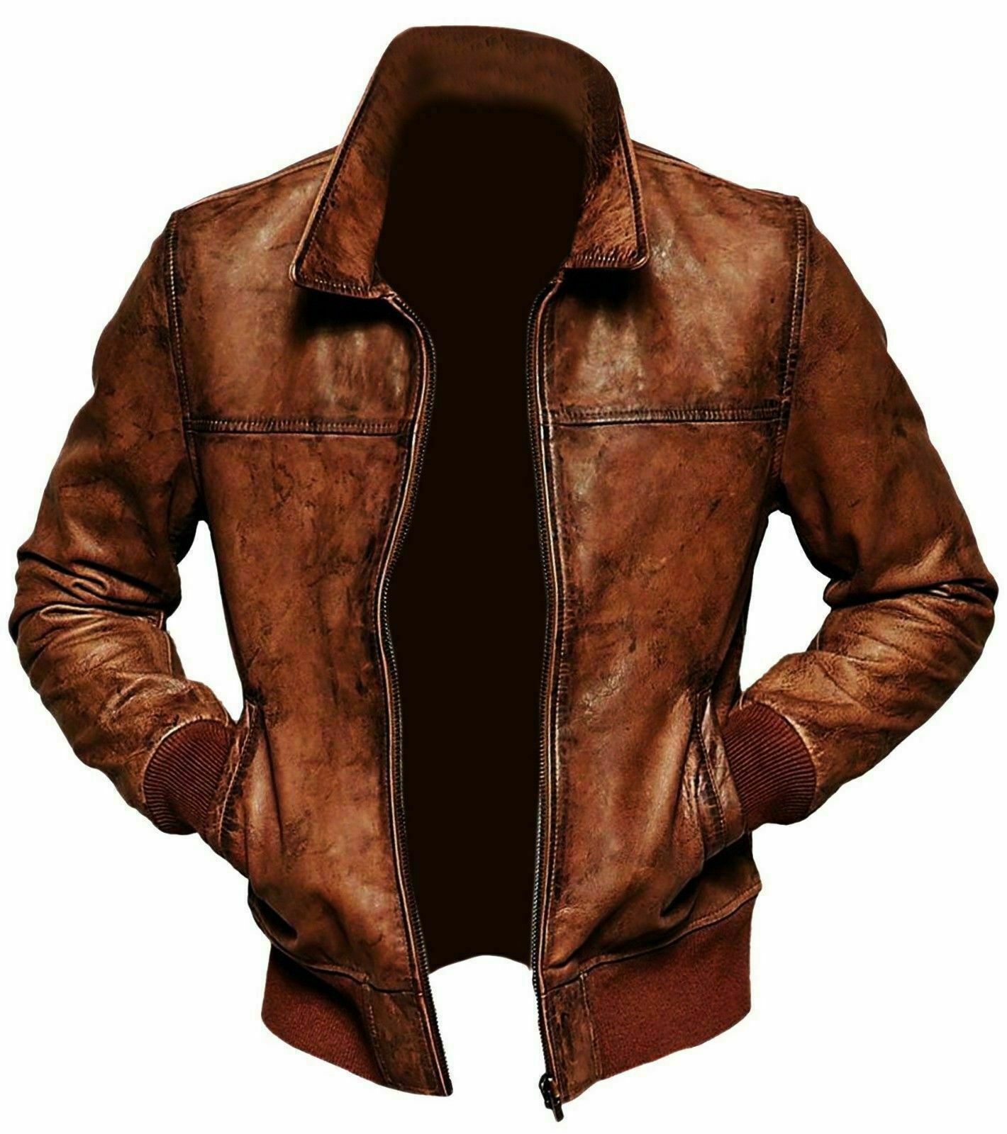 Mens Distressed Brown Leather Bomber Jacket