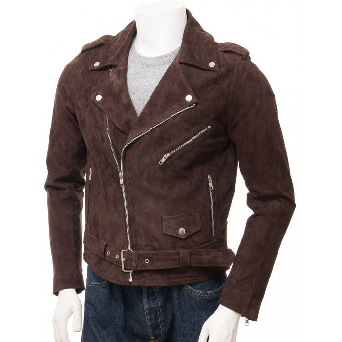 Stylish Handmade Men’s Brown Suede Biker Motorcycle Fashion Belted Jacket - theleathersouq