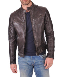 Men’s Genuine Lambskin Leather Chocolate Brown Bomber Slim Fit Biker Leather Jacket - theleathersouq