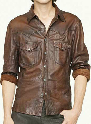 New Men’s Genuine Lambskin Leather Soft Vintage Slim Fit Shirt - theleathersouq